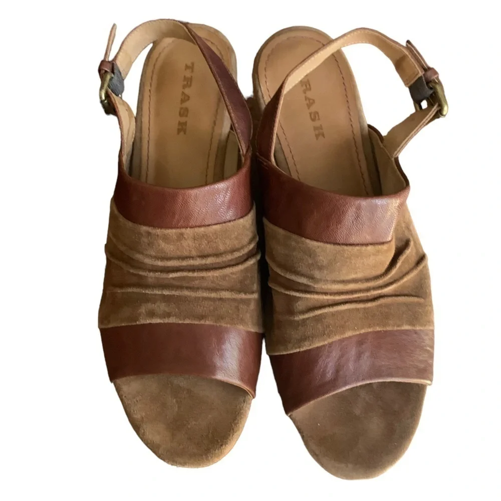 Trask Sundance Shari Suede Leather Made in Brazil Platform Wedge Cognac  Sz 10